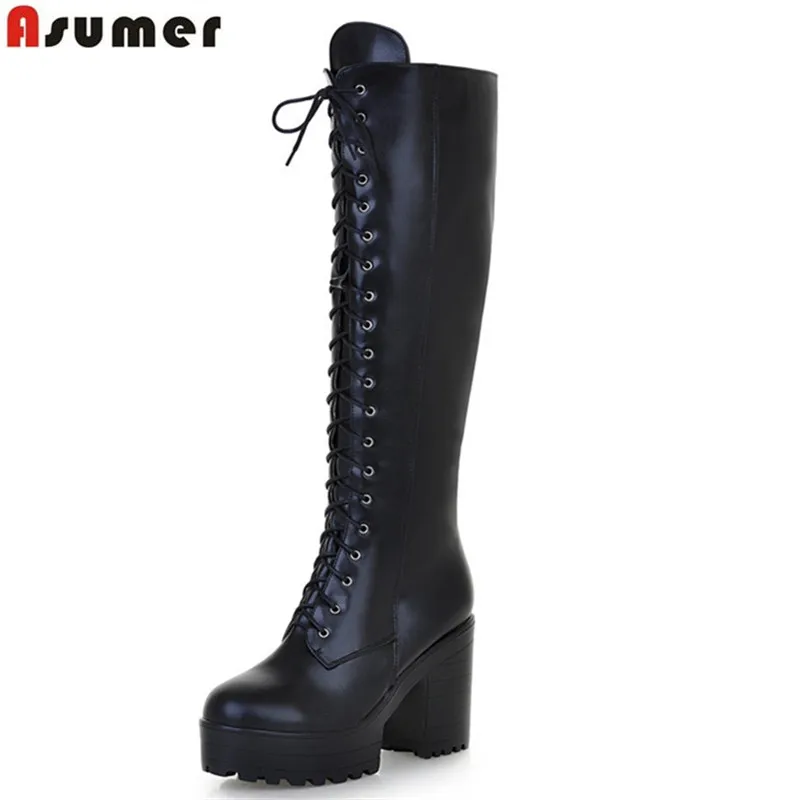 ASUMER 2024 hot sale new arrive women boots fashion solid color ladies boots zipper lace up knee high boots big size 34-43