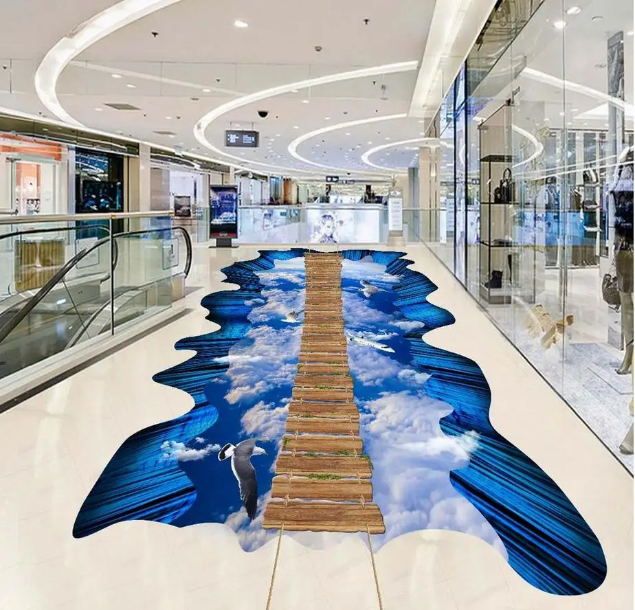 

Custom Photo self-adhesive 3D floor wallpapers Blue sky wooden bridge PVC waterproof floor 3d fllor paper