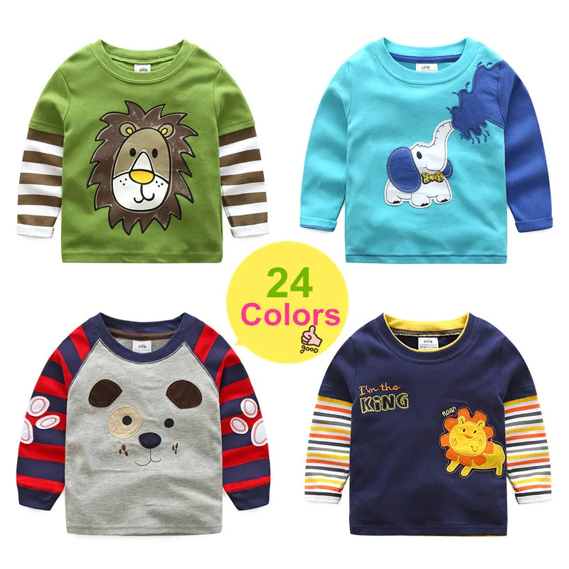 2024 Spring Autumn For 2-8 9 10 Years Children Cotton Striped Color Patchwork Cartoon Animal Baby Kids Boys Long Sleeve T-Shirts