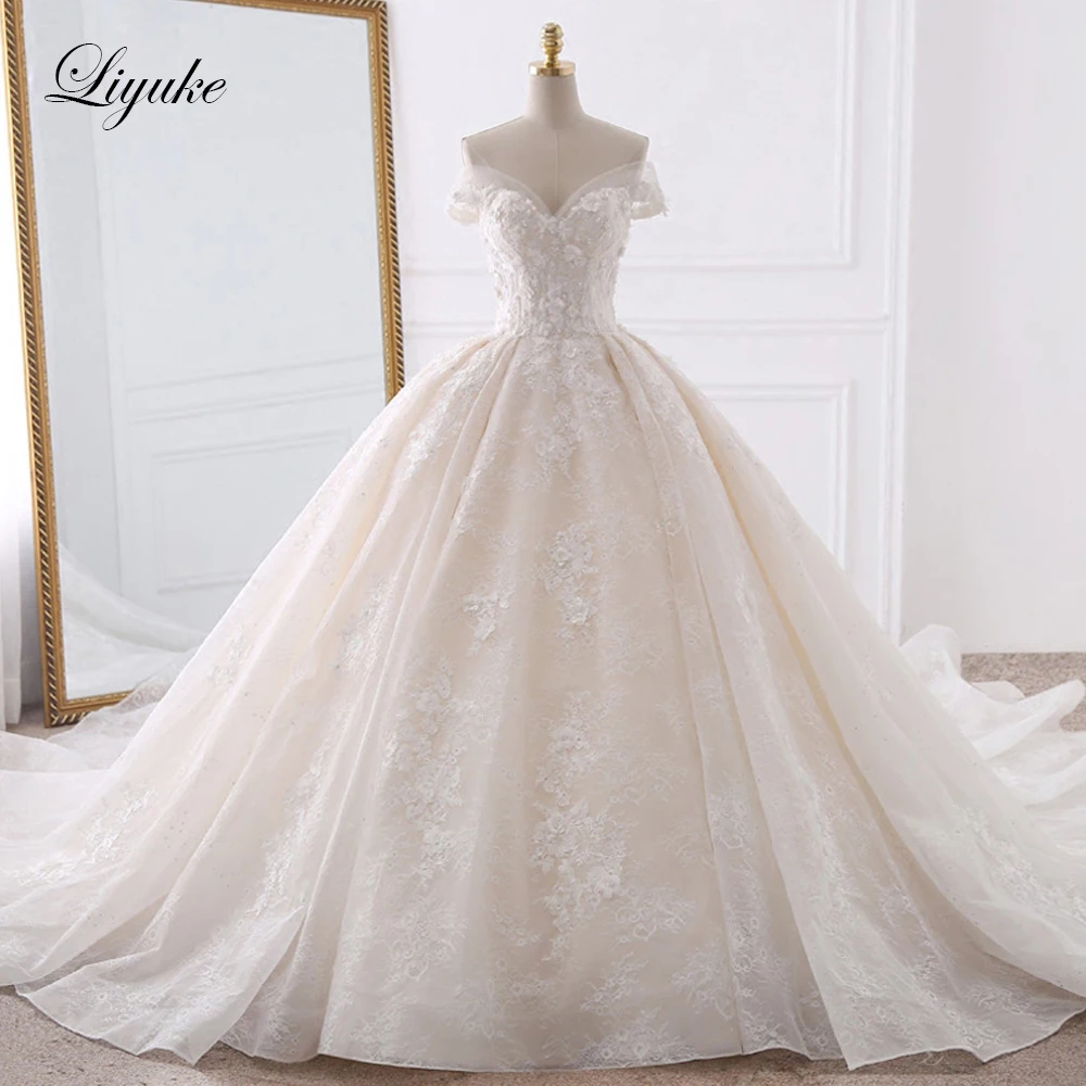 

Luxurious Embroidery Tulle Sweetheart Ball Gown Wedding Dress Appliques Beading Pearls Off The Shoulder Vintage Bridal Dresses