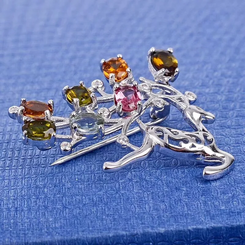 Tourmaline brooch Free shipping Natural real Tourmaline  925 sterling silver brooch  4*5mm 7pcs gemstone