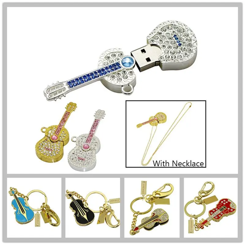 Musical Instrument Diamond Guitar Necklace Usb Flash Drive Metal Violin Keychain Usb Memory Stick 128GB Memory Storage Pen Drive