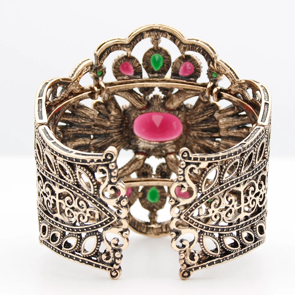 Sunspicems Vintage Turkish Women Bracelet Big Bangle Antique Gold Color Resin Cuff Bracelet Indian Bride Wedding Banquet Bijoux
