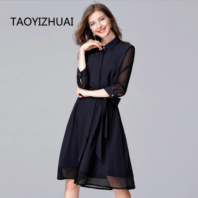 TAOYIZHUAI 2019 New Arrival Spring Casual Turn-down Collar Plus Size Publish Blue Sashes Petal Sleeve Chiffon Dress Women 14056