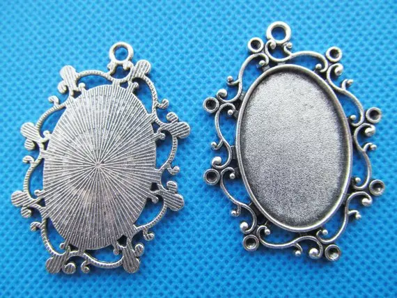 5pcs Antique Silver tone/Antique Bronze Oval Flower Border Base Setting Tray Bezel Pendant Charm,Fit 20mmx30mm Cabochon/Cameo