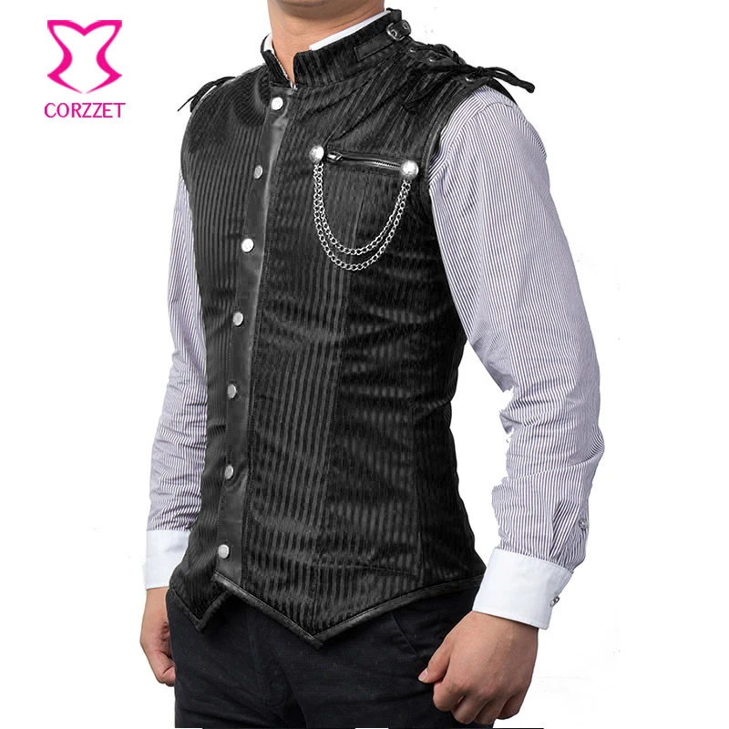 Corzzet Black Striped Stand Collar Sleeveless Mens Steampunk Jacket Plus Size Gothic Mens Corset Vest Burlesque Costume Clothing