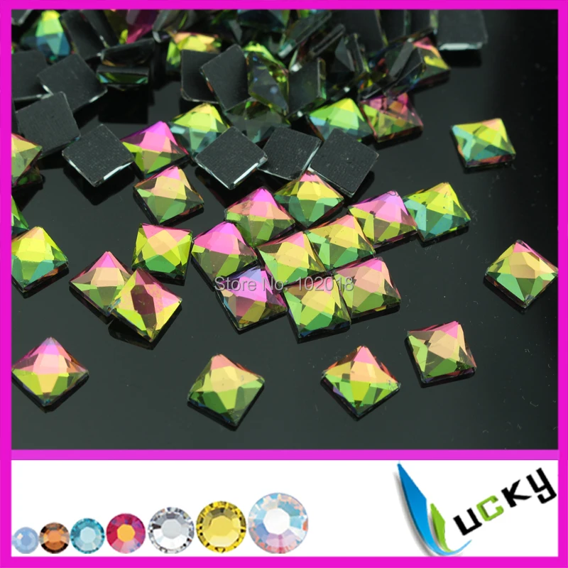 Free shipping 2014 new design hotfix crystals!288pcs 8x8mm square shape rainbow color hot fix rhinestones for heat transfers