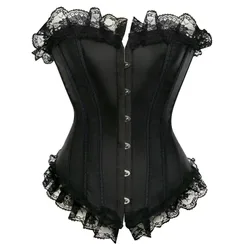 Women Sexy Corsets Satin Lace up Boned Overbust Corset and Bustier Trim Showgirl Sipe Lingerie