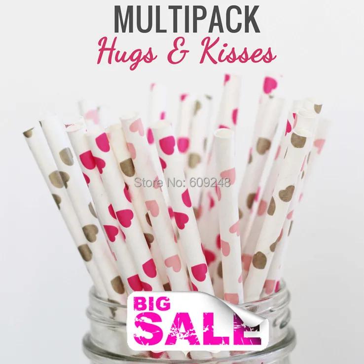 150 pcs Mixed Colors HUGS & KISSES Themed Party Paper Drinking Straws, Pink, Gold and Hot Pink Heart, Valentines Day, Wedding