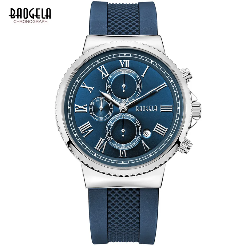 Baogela Chronograph Kuarsa Jam Tangan untuk Pria Anak Laki-laki Fashion Kasual Pria Tahan Air Analog Jam Tangan Bercahaya Tangan Biru 1708G-1