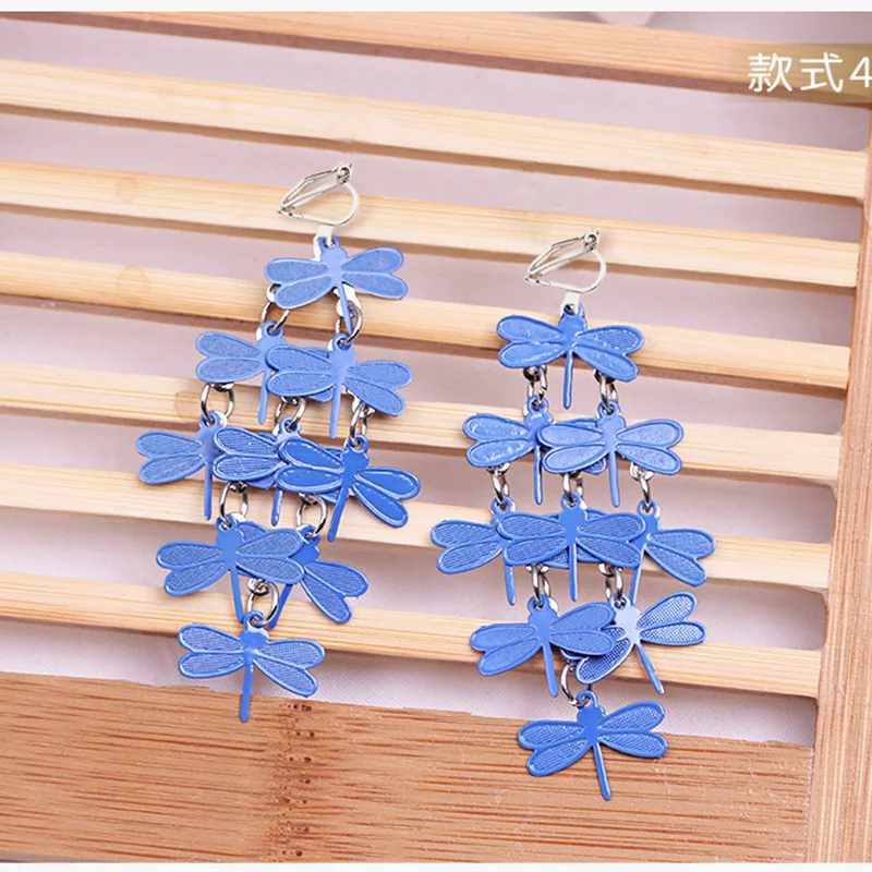 JIOFREE Fashion Long Vintage Colorful dragonfly Clip on Earrings for Women Boho Statement Non Pierced Charm Jewelry