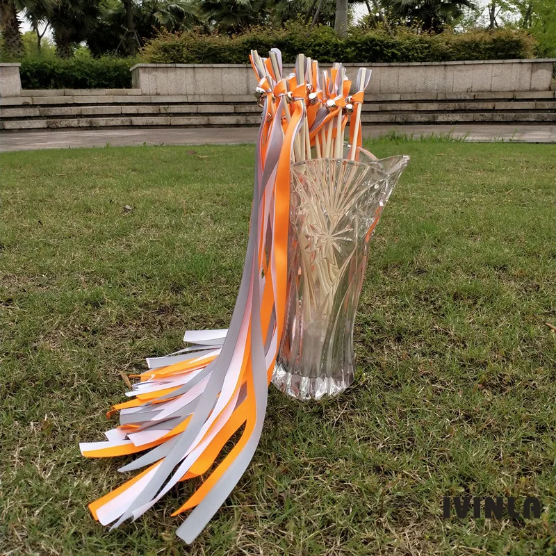 50pcs/lot orange and grey white  wedding ribbon wands with bell  for wedding decoration