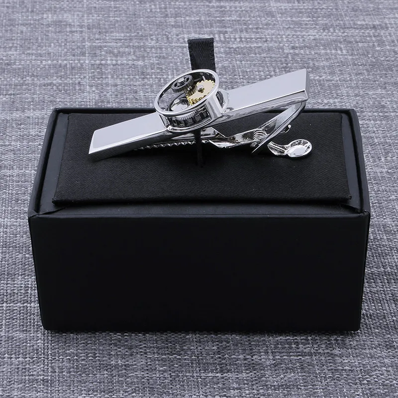 Fashion Tie Clips Watch Movement Black Gun metal Immovable Mechanical Tie Bar Clasp for Men