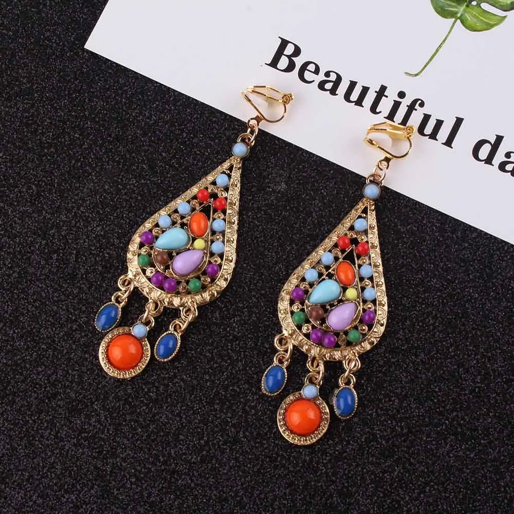 Hot zinc Alloy Bohemia beads Statement Clip on Earrings Fancy Luxury Summer Style Big Without Piercing Earrings For Women gift