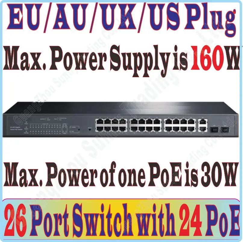 28 ports POE Switch with 160Watt 24 POE ports Management, Supply Power to Camera/ AP, With 2* RJ-45 Gigabit Ports & 2*SFP Ports