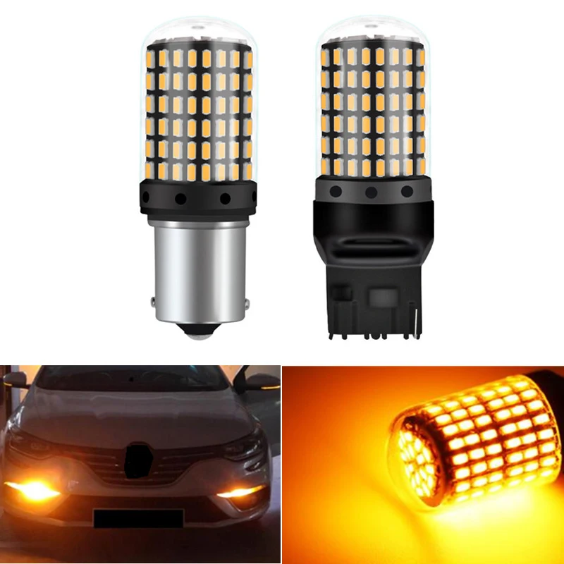 100PCS Turn Signal Light 1156 BA15S BAU15S 7507 7440 LED No Hyper Flash Amber 144SMD T20 W21W Canbus Led Bulbs