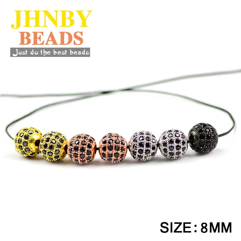 JHNBY Black Zircon Copper Spacer Beads Ball 4pcs 6/8/10mm Round Pave CZ Crystal Loose Beads Jewelry Bracelet Making DIY Findings