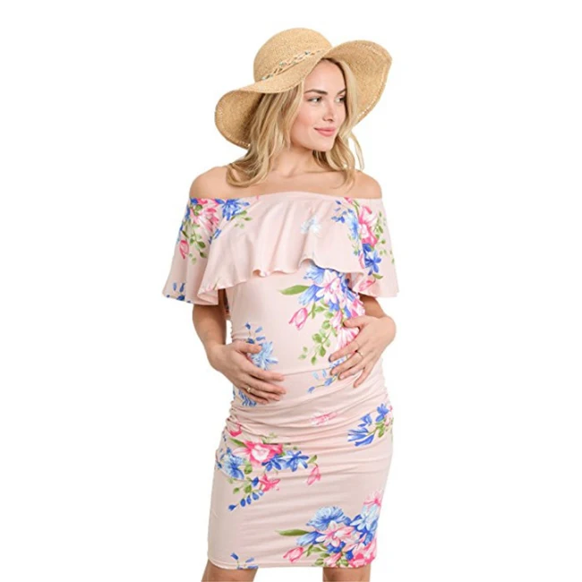 

Women Sexy Knee-Lengt Dress 2022 Summer Pregnant Casual Slash Neck Off Shoulder Short Sleeve Ruffles Maternity Plus Size Vestido