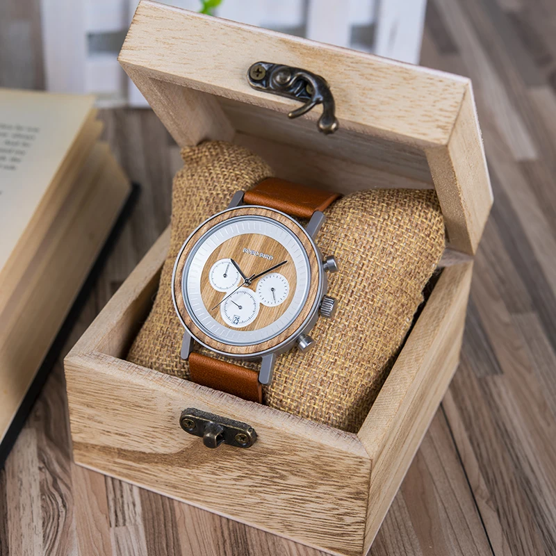 BOBO BIRD Classic Men\'s Watches Wooden Stainless Steel Quartz Wristwatch Fashion Chronograph Leather Watch Birthday Gift Box