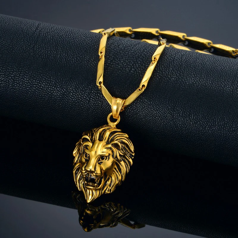 316L Stainless Steel Lion Head Necklaces Pendant Mens Gold Color RU Hot Link Chain & Pendant Punk Jewelry For Man Male