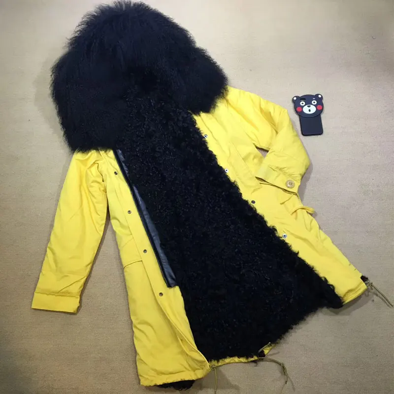 Attractive Black Mongolia Sheep Fur Lined Parka Long Style For Women Big Fur Collar Trim Overcoat