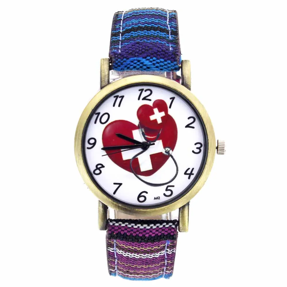Doctor Nurse Medical Theme Heart Shape Cross Love Stethoscopes Fashion Men Women Casual Canvas Strap Sport Quartz Wrist Watch