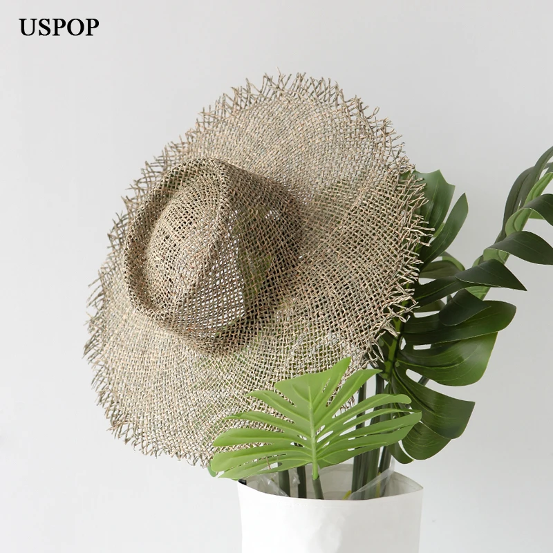 USPOP women handmade sun hats breathable natural seaweed straw hats casual summer wide brim beach hat Jazz straw hat