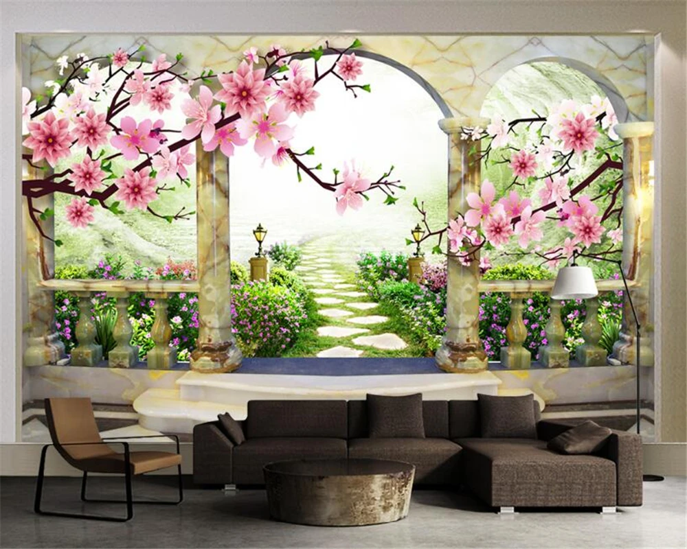 

Beibehang 3D Wallpaper Peach Blossom Landscape European Garden Backdrop Living Room Bedroom TV Mural wallpaper for walls 3 d