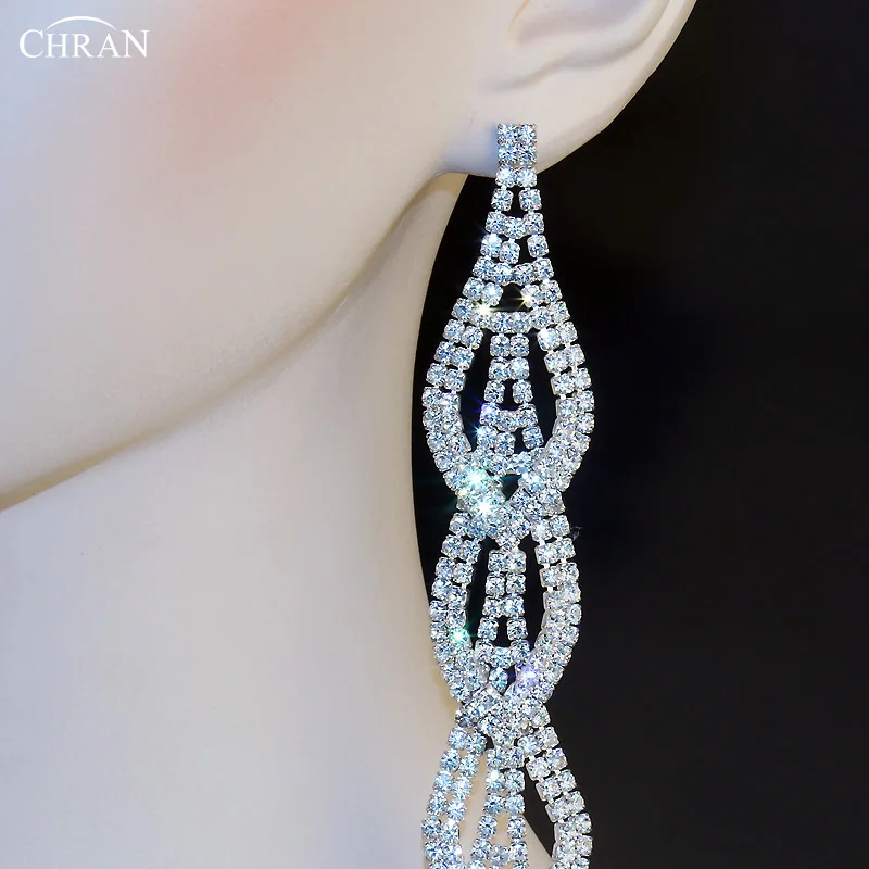 CHRAN Luxury Silver Plated Exaggerated Rhinestone Bridal Jewelry Fashion Link Drop Ultra Long Tassel Crystal Earrings for Women