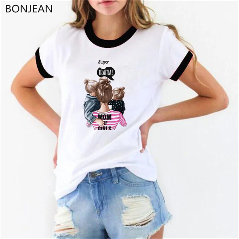 Super Mama T Shirt Mom And Children Daughters Sons Print Tshirt Femme Mom Life Graphic Tees Women White Summer Top T-Shirt