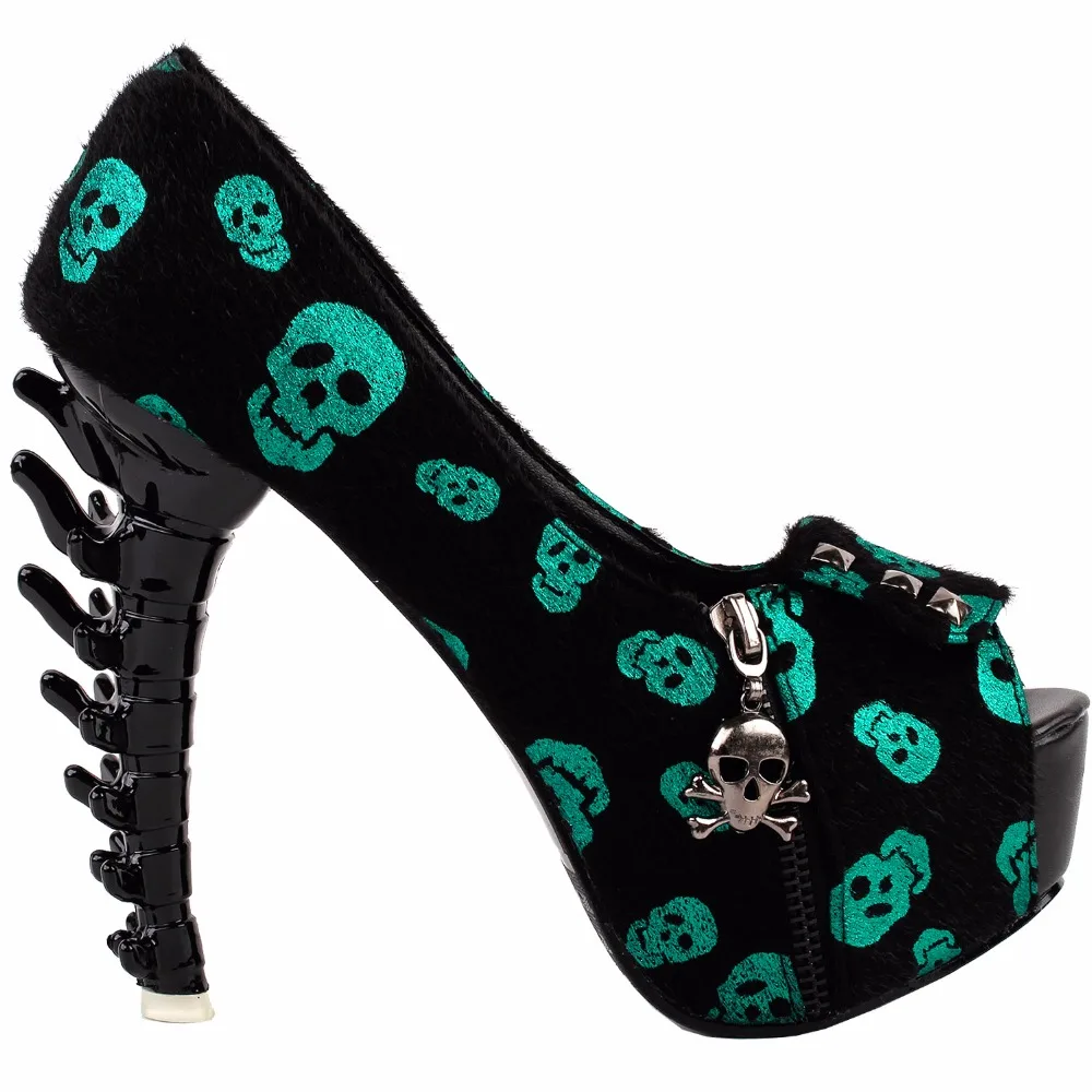 LF80624 Punk Black Skull Head Zip Peeptoe Platform Bone Heels Pumps