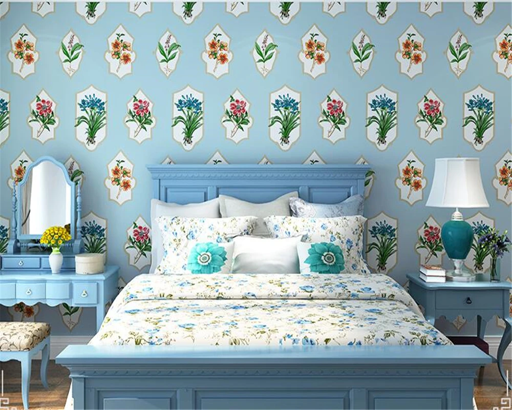 

beibehang American Mediterranean papel de parede wallpaper bedroom bedside background fresh garden flowers nonwoven wall paper