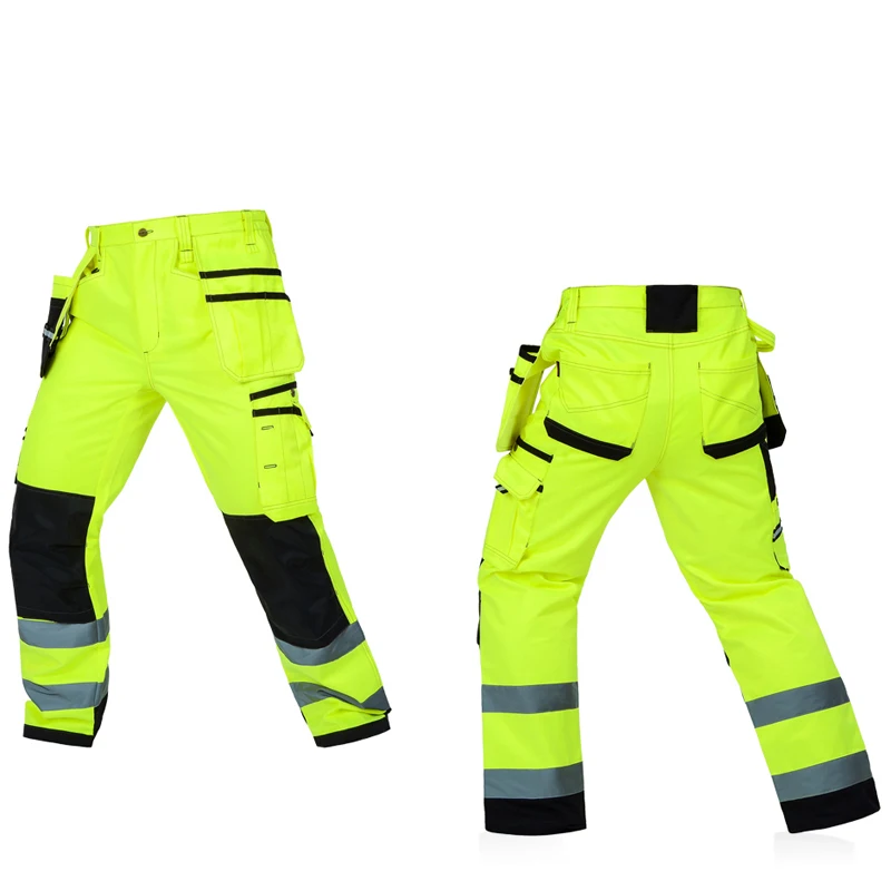 

Reflective Men Working-Pants High Visibility Fluorescent Yellow Multi-pockets Work Trousers With Knee Pads Workwear Cargo Pants