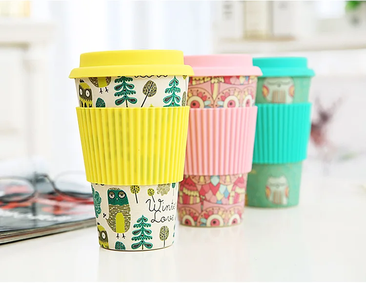 10pcs Eco-friendly Bamboo Fiber Coffee Cup with Reusable Silicone Lid and Sleeve Drinks Cup Travel Gift lin4003