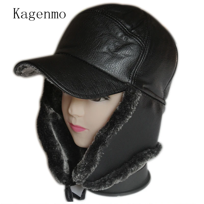 

Kagenmo winter long style ear protection super warm bomber hat thickening mink baseball cap nostalgic PU leather new arrive