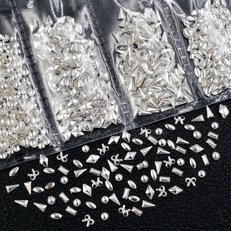 1 Pack Mix Shapes Silver 3D Solid Rectangle Triangle Round Rice Bow Tie Shape Metal Studs Nail Art Gems Decorations DIY Tip 28#