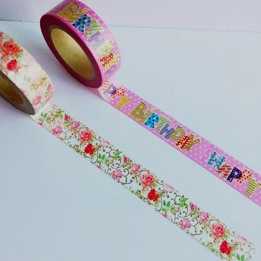 Cinta de Papel washi con estampado de lámina dorada, cinta washi de feliz cumpleaños y flores, 15mm x 10m, Envío Gratis