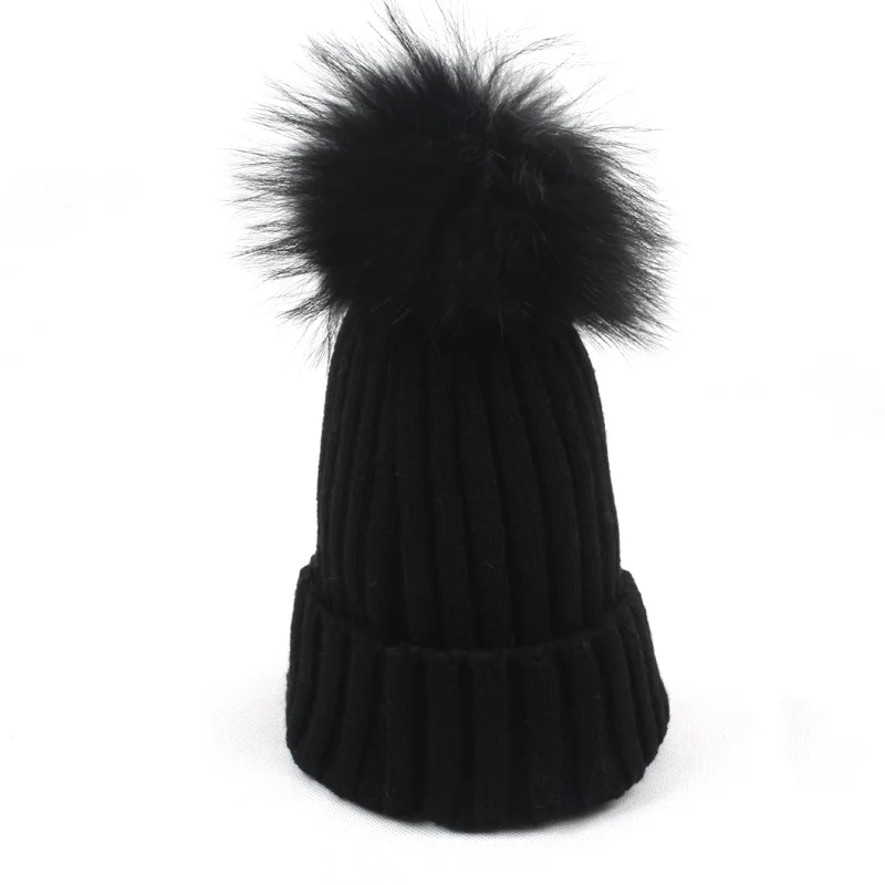 18cm Big Pompon Autumn Winter Beanie Women\'s Hat Real Fur Pompom Cap Solid Knitted Skullies Beanies For Ladies