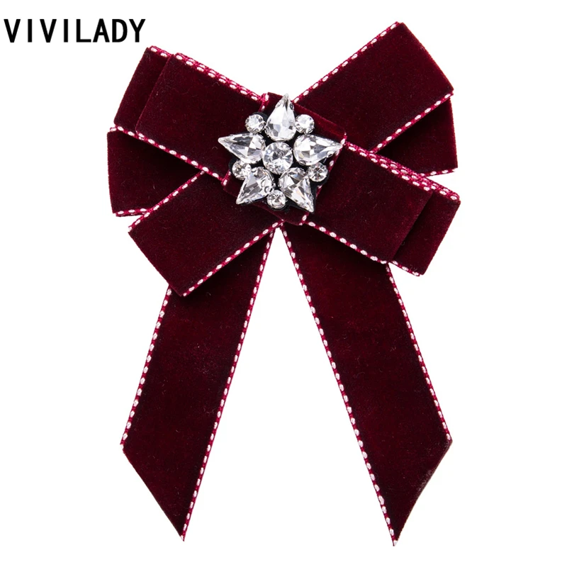 VIVILADY Fashion Handmade Velvet Bowknot Brooch Statement Crystal Breastpin Pin Women Cravat Tie Bijoux Jewelry Party Gifts