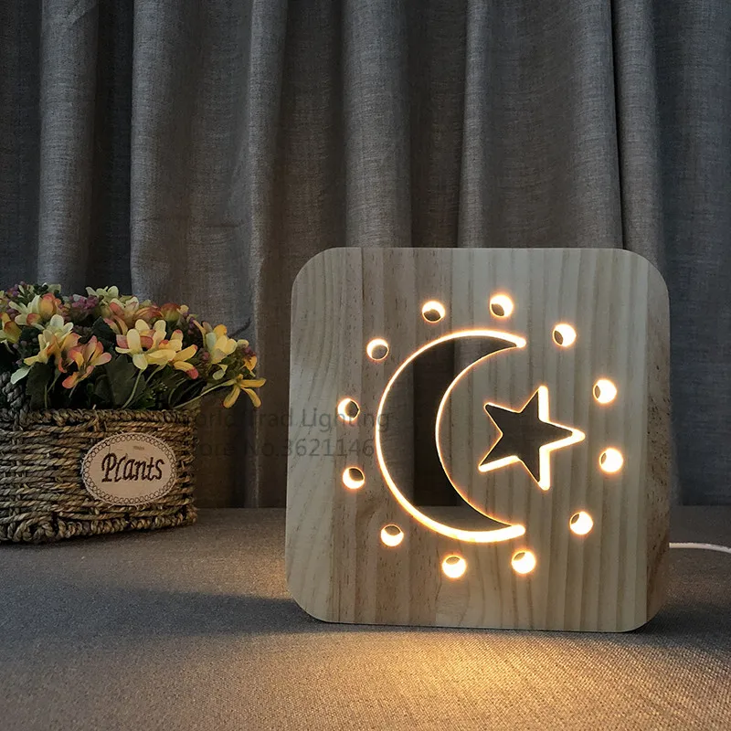 Luz Nocturna LED 3D de madera para Bebé y Niño, lámpara de Luna 3D, Luminaria de estrella, USB, regalos creativos de cumpleaños, decoración, regalos