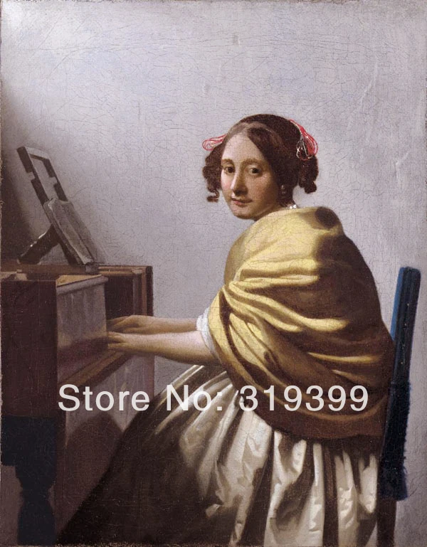 Johannes Vermeer 100% handmade Linen Canvas Oil Painting Reproduction,a-woman-seated-at-the-virginals ,Free DHL,Old Master Paint