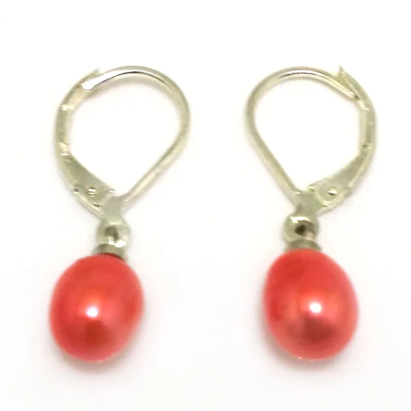 Wholesale 7-8mm Red Natural Rainrdrop Freshwater Pearl Silver Leverback Earring