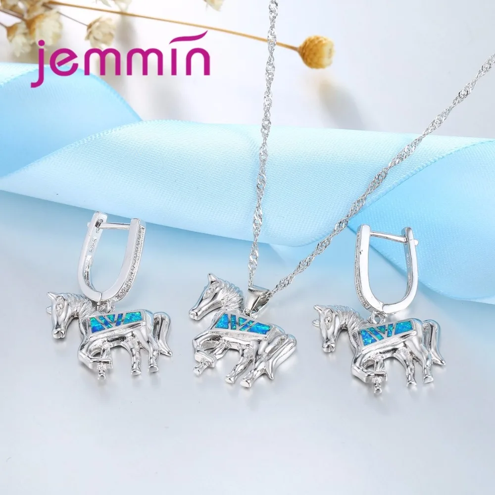 Silver 925 Sterling Animal Horse Women Party Necklace Earrings Set Fine Blue Fire Opal Jewelry Sets For Birthday Gift