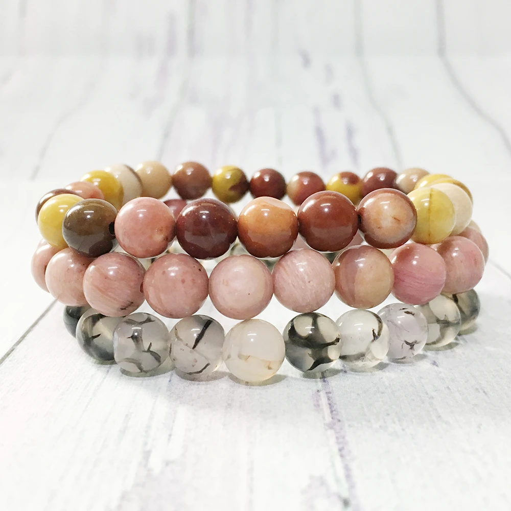 MG0308 8 mm Rhodonite Beaded Bracelet Set Natural A Grand Dragon Vein Agate Bracelet Mookaite Jasper Stack Bracelet