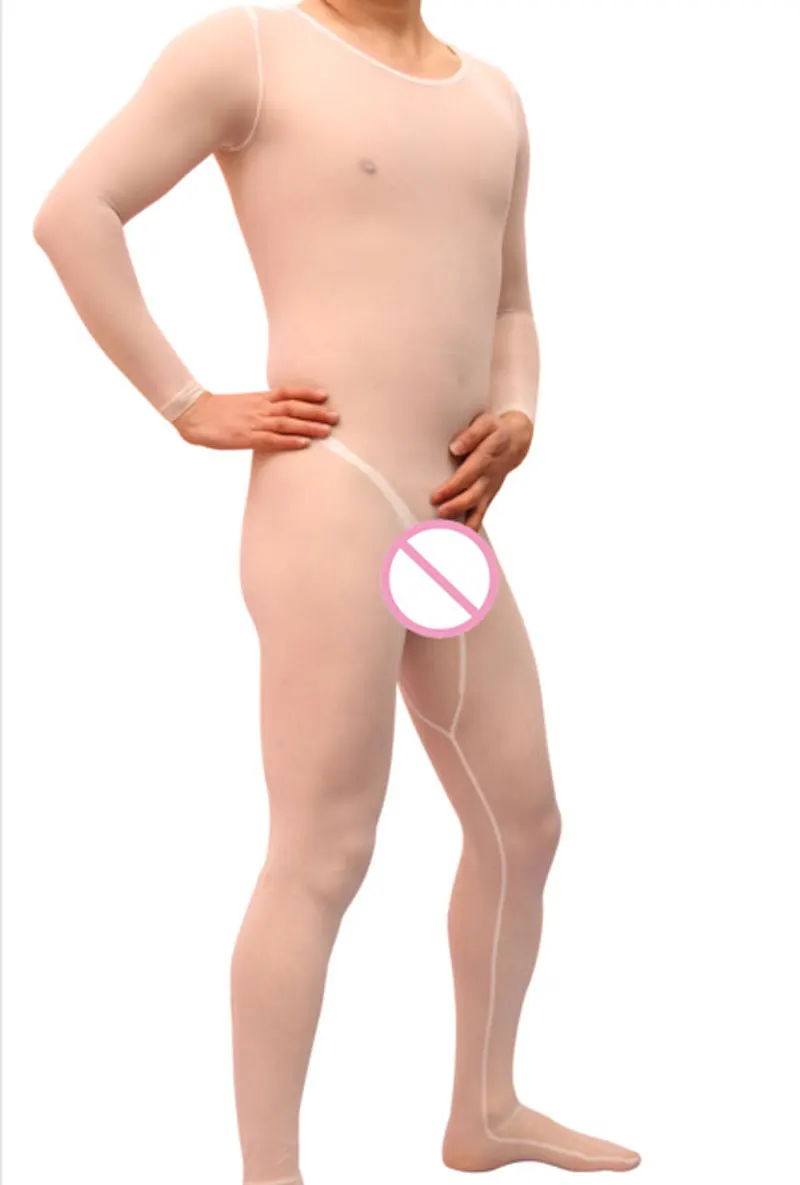 

Sexy Full Body Bodysuit Ice Silk Transparent Zipper Open Crotch Men's One-piece Pantyhose See Through Leotard Erotic Tights