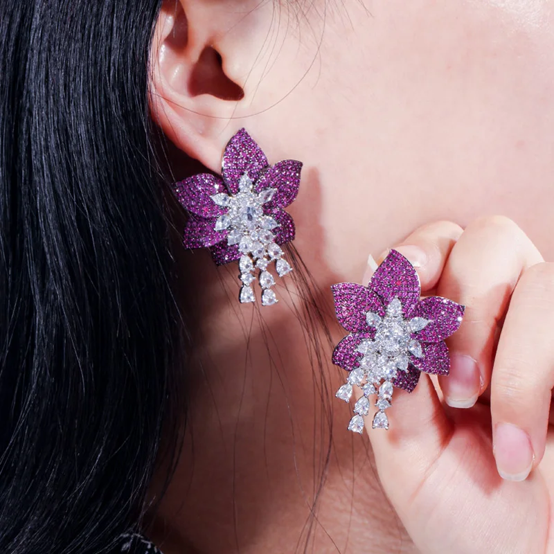 Pera eleganckie kobiety kolor srebrny biżuteria duże geometryczne Rose Red Flower Cubic cyrkon długie kolczyki wiszące dla pań Prom Party E369 — zdjęcie 3
