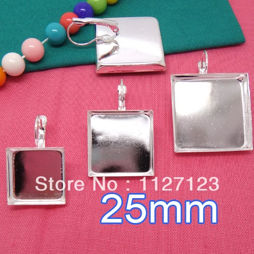 

Silver plated 25mm square cameo base cabochon setting earwires leverback bezel earring blank tray findings nickel free