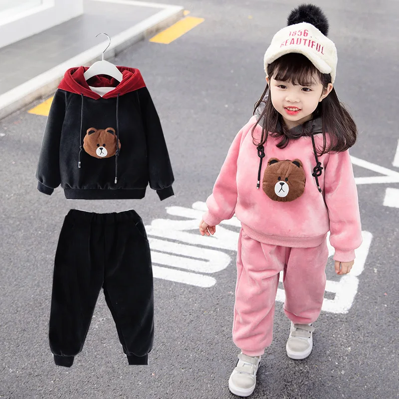 2022 winter thick Cashmere girl clothes sets Keep warm fashion cotton baby Plus thick velvet 3 pieces children clothing suits