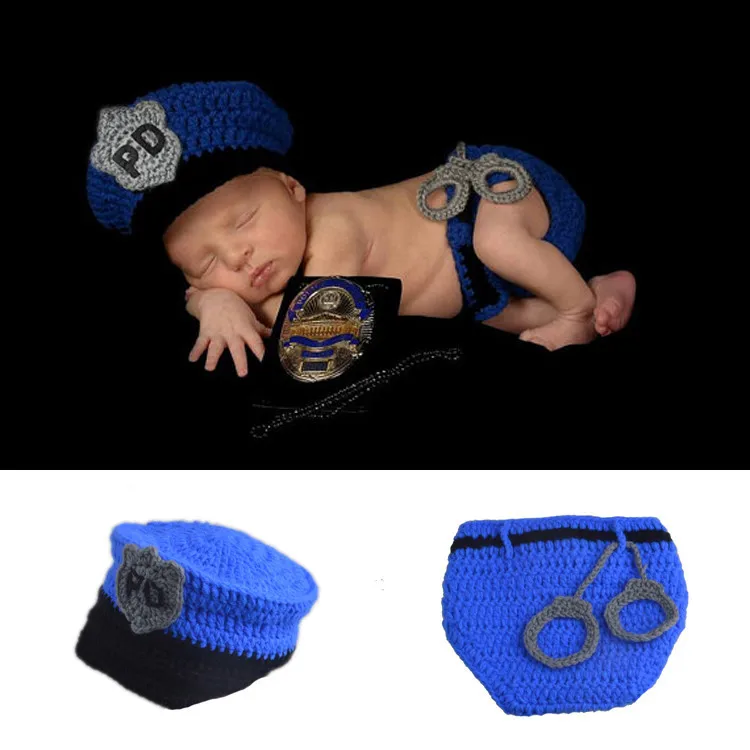 New Top Sale Police Design Newborn Photography Props Handmade Policeman Crochet Baby Hat Diaper Set Infant Costume Outfit