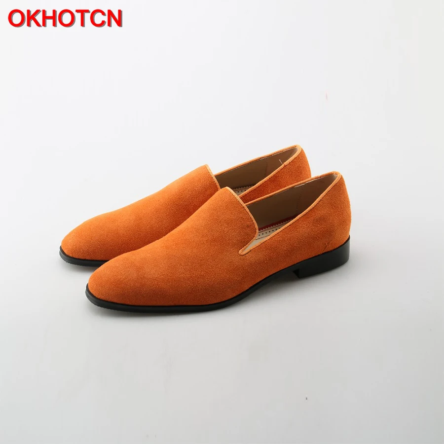 

OKHOTCN Pointed Toe Orange Oxfords Suede Leather Dress Men Shoes Fashion Zapatillas Hombre Slip-on Male Formal Shoes Size 46